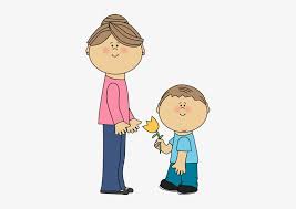 momwithson A boy and his mother holding flowers.